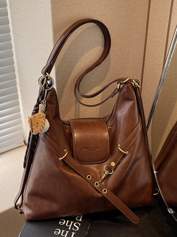 Women Large Capacity PU Leather Tote Bag Retro Commuter Shoulder Bag Multi-way Backpack With Baseball Pendant Casual Handbag