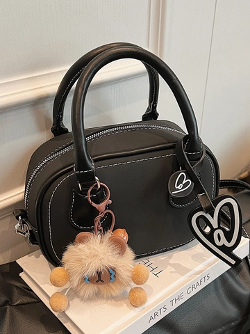 Damen Retro PU Leder Boston Handtasche Mit Plüsch Tier Anhänger Kontrastnähte Mode Umhängetasche Schultertasche Für Tägliche Arbeit