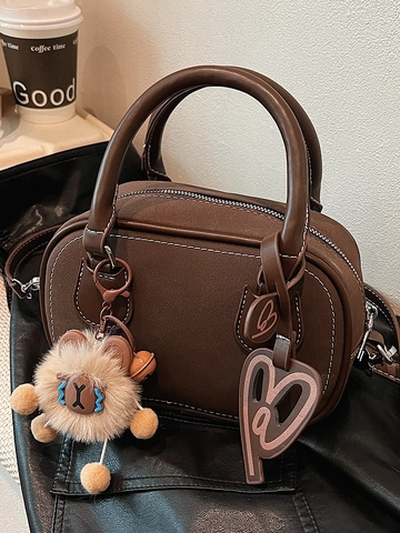 Damen Retro PU Leder Boston Handtasche Mit Plüsch Tier Anhänger Kontrastnähte Mode Umhängetasche Schultertasche Für Tägliche Arbeit