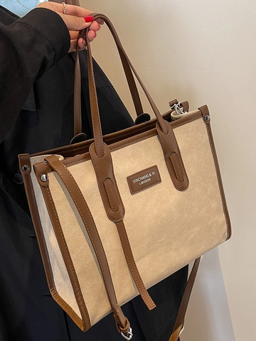Women's Minimalist Large Capacity PU Leather Tote Bag Contrast Color Commuter Shoulder Crossbody Bag Handbag For Daily Wear
