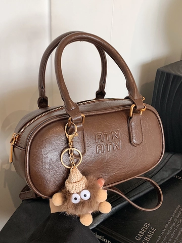 Bolso de Mano Boston de Cuero PU para Mujer Bolso Bandoulière Retro Color Sólido Con Lindo Colgante de Monstruo Correa Ajustable Bolso de Hombro