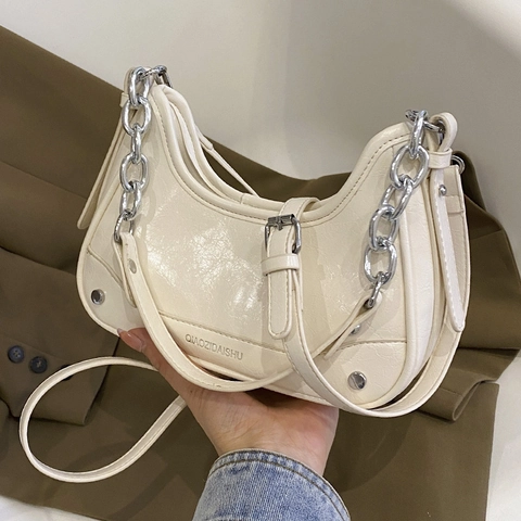 Bolso de Axila de Cuero PU de Moda para Mujer Con Cadena Bolso de Hombro Trendy Hobo Bolso Bandolera Color Sólido