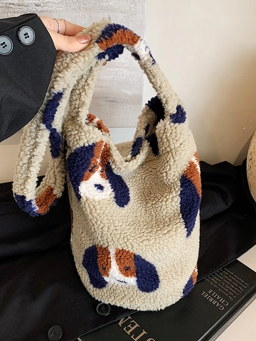 Women's Lamb Wool Crossbody Tote Bag Plush Sherpa Fleece Shoulder Bag For Fall Winter Casual Contrast Color Pattern Handbag