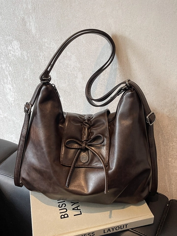 Vintage PU Leather Bow Shoulder Tote Bag Large Capacity Multi-Way Retro Solid Color Commuter Handbag For Women