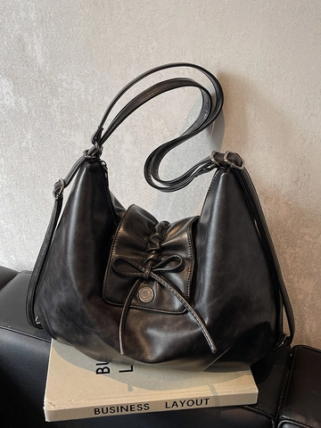 Vintage PU Leather Bow Shoulder Tote Bag Large Capacity Multi-Way Retro Solid Color Commuter Handbag For Women