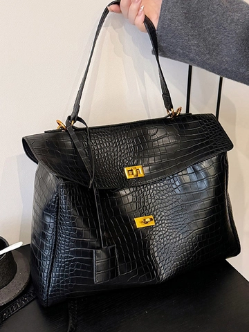 Borsa Tote in Pelle PU Minimalista con Motivo a Coccodrillo Borsa a Tracolla di Grande Capacità con Hardware Dorato per Donna