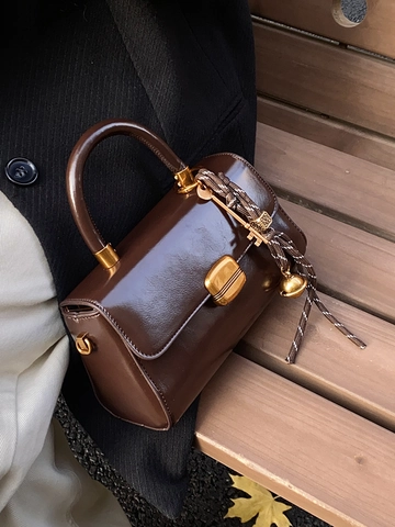 Retro Glossy PU Leather Handbag For Women Vintage Small Square Shoulder Bag With Lock And Detachable Strap Solid Color