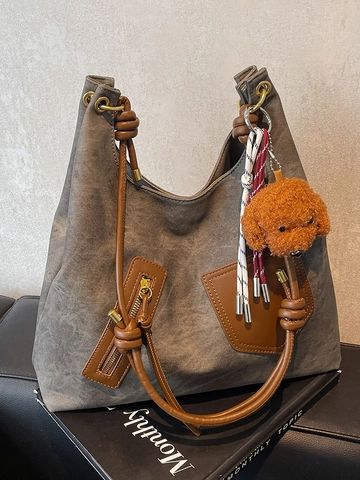 Vintage Retro PU Leather Tote Bag For Women Large Capacity Shoulder Bag With Plush Bear Pendant Contrast Color Underarm Bag