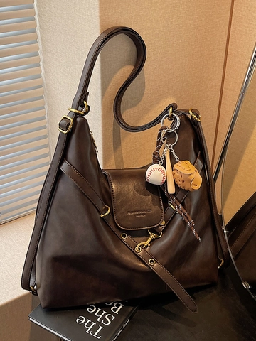 Borsa Tote Grande Vintage in Pelle PU da Donna Design Hobo Versatile Con Ciondolo da Baseball Borsa a Tracolla Viaggio