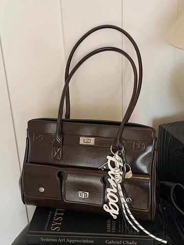 Bolso de Hombro de Cuero PU Vintage Bolso Tote de Gran Capacidad Diseño de Candado Bolso Hobo de Viaje para Mujeres Bolso Mensajero de Moda de Color Sólido Diario Con Bolso de Mano Multi Bolsillos