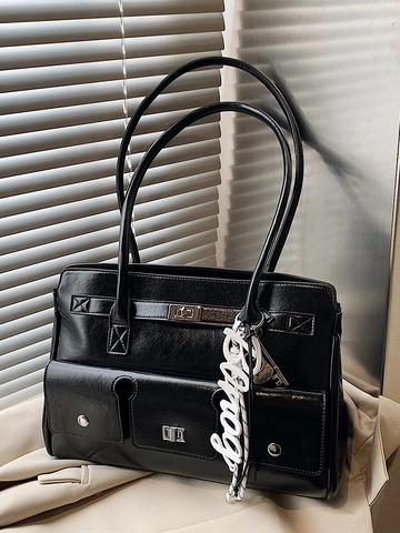 Bolso de Hombro de Cuero PU Vintage Bolso Tote de Gran Capacidad Diseño de Candado Bolso Hobo de Viaje para Mujeres Bolso Mensajero de Moda de Color Sólido Diario Con Bolso de Mano Multi Bolsillos