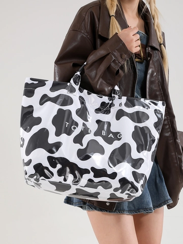 Damen Große Kapazität PVC Tote Bag Leopard Zebra Kuh Camo Muster Bedruckt Glänzend Mode Shopping Handtasche Täglich Tote Schultertasche