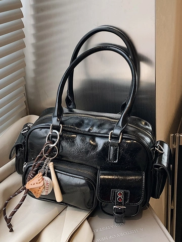Women Vintage PU Leather Multi-Pocket Shoulder Bag Glossy Boston Handbag With Baseball Charm Solid Color Commuting Bag