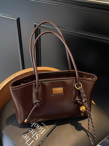 Korean Style Glossy PU Leather Underarm Shoulder Bag For Women Solid Color Vintage Tote Bag With Metal Plate Commuter Purse