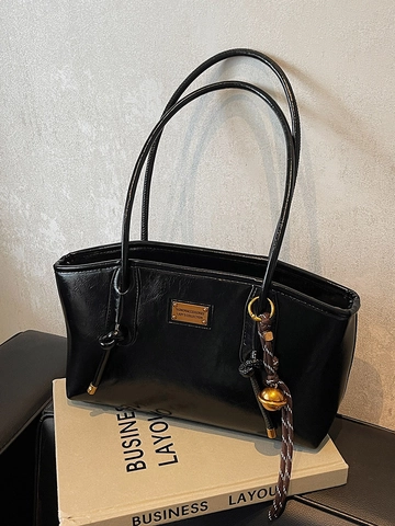 Korean Style Glossy PU Leather Underarm Shoulder Bag For Women Solid Color Vintage Tote Bag With Metal Plate Commuter Purse