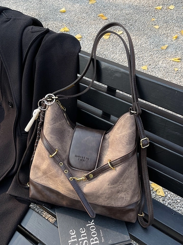 Bolso de Mano de Cuero PU Vintage Bloque de Color para Mujer Gran Capacidad Puntadas Bolso de Hombro Con Colgante de Béisbol