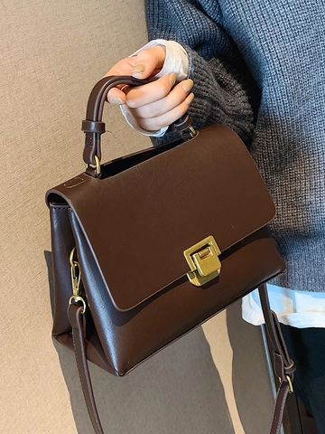 Bolso Bandolera de Cuero PU Vintage para Mujer Minimalista Urbano Color Sólido Bolso de Mano Cierre Dorado Correa Ajustable