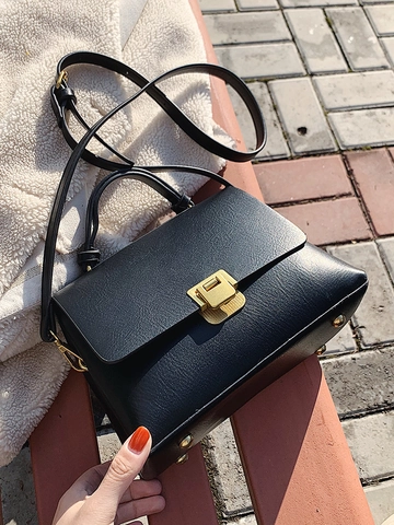 Bolso Bandolera de Cuero PU Vintage para Mujer Minimalista Urbano Color Sólido Bolso de Mano Cierre Dorado Correa Ajustable