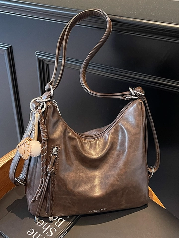 Vintage PU Leder Schultertasche Mit Großer Kapazität Für Damen Urban Einfache Tote Bag Mit Baseball Anhänger Quaste Reißverschluss Tasche