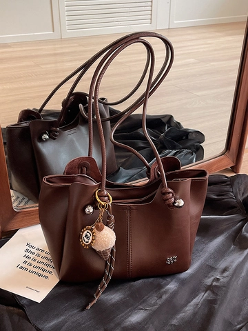 Vintage PU Leather Tote Bag For Women Large Capacity Casual Shoulder Bag Solid Color Trendy Underarm Bag With Soft Handle