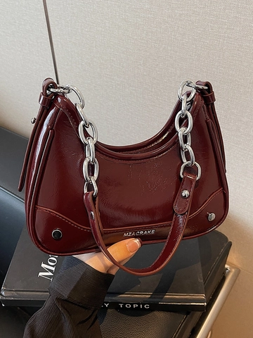 Bolso de Axila de PU Brillante Para Mujer Estilo Francés Color Sólido Bolso de Hombro Con Cadena Bolso de Media Luna Viaje