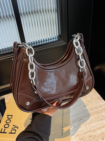 Bolso de Axila de PU Brillante Para Mujer Estilo Francés Color Sólido Bolso de Hombro Con Cadena Bolso de Media Luna Viaje