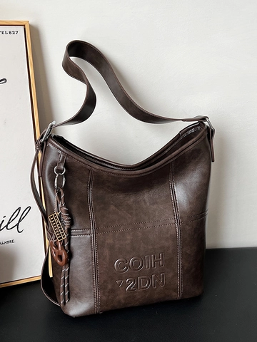 Vintage Γυναικεία Τσάντα Tote από Δέρμα PU Μεγάλης Χωρητικότητας Μινιμαλιστική Τσάντα Ώμου με Ανάγλυφα Γράμματα για Εργασία Ταξίδια Αστικό Στυλ