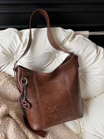 Vintage Γυναικεία Τσάντα Tote από Δέρμα PU Μεγάλης Χωρητικότητας Μινιμαλιστική Τσάντα Ώμου με Ανάγλυφα Γράμματα για Εργασία Ταξίδια Αστικό Στυλ