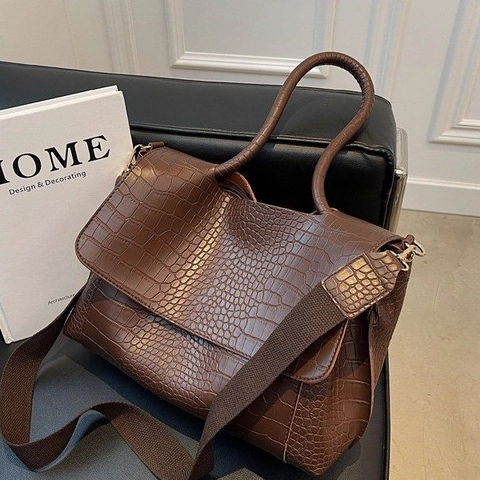 Bolso de Hombro de Gran Capacidad con Patrón de Cocodrilo para Mujer Retro Cuero PU Solapa Tote Bolso de Mano Viaje al Trabajo Bandoulière