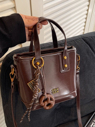 Borsa a Secchiello Vintage in Pelle PU a Cera d'Olio per Donna Borsa a Tracolla Retro Lucida Con Doppio Manico