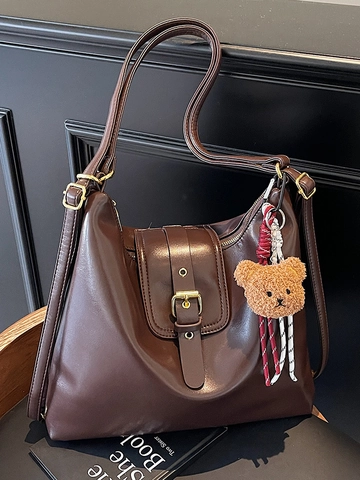 Women Vintage Faux Leather Tote Bag Large Capacity Shoulder Bag With Bear Charm For Daily Commute Office Retro Fashion Handbag