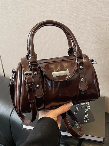 Borsa a Mano da Donna Retro in Pelle PU a Cera d'Olio Borsa a Tracolla Quadrata Moda Cucita Borsa a Spalla Boston Commuter