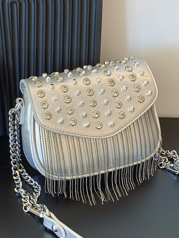 Damen Strass Quasten Umhängetasche PU Leder Nieten Punk Stil Kleine Quadratische Schultertasche Streetwear Party Handtasche