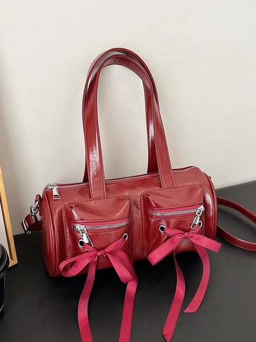 Women's Balletcore Shoulder Bag Glossy PU Leather Bow Decor Cylinder Handbag Retro Double Zipper Pocket Casual Fashion Bag
