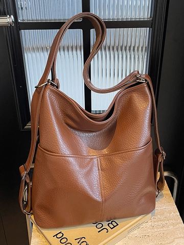 Women Large Capacity PU Leather Tote Shoulder Bag Simple Solid Color Lychee Texture Backpack For Commuting Travel Fashion Bag