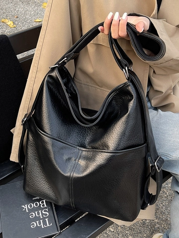 Women Large Capacity PU Leather Tote Shoulder Bag Simple Solid Color Lychee Texture Backpack For Commuting Travel Fashion Bag