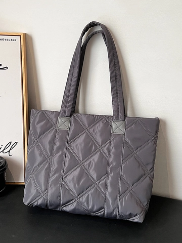 Bolso Tote Acolchado Casual de Estilo Japonés para Mujer Gran Capacidad Patrón de Diamantes Cuero PU Ligero Bolso de Hombro