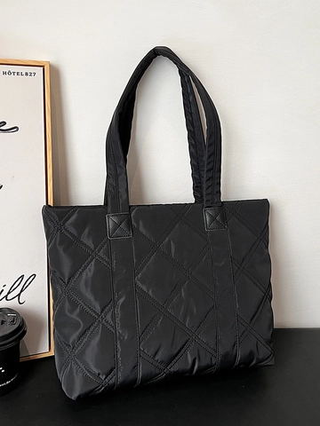 Bolso Tote Acolchado Casual de Estilo Japonés para Mujer Gran Capacidad Patrón de Diamantes Cuero PU Ligero Bolso de Hombro