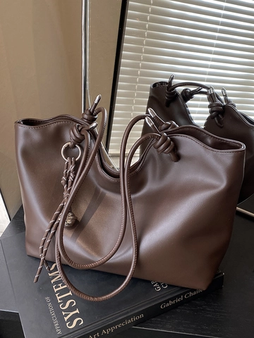 Retro PU Lederen Tote Bag Voor Vrouwen Grote Capaciteit Schoudertas Met Knoopriem Stedelijk Minimalistisch Sierstiksel Handtas Dagelijks