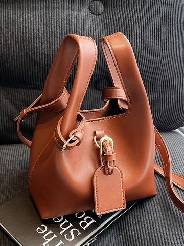 Vintage PU Leather Bucket Crossbody Bag For Women Minimalist Solid Color Handbag With Adjustable Shoulder Strap Daily Commuting Bag