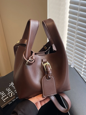 Vintage PU Leather Bucket Crossbody Bag For Women Minimalist Solid Color Handbag With Adjustable Shoulder Strap Daily Commuting Bag