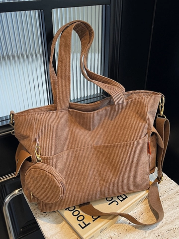 Sac Cabas de Grande Capacité en Velours Côtelé Pour Femmes Avec Mini Porte-monnaie Rond Style Japonais Sac à Main Bandoulière