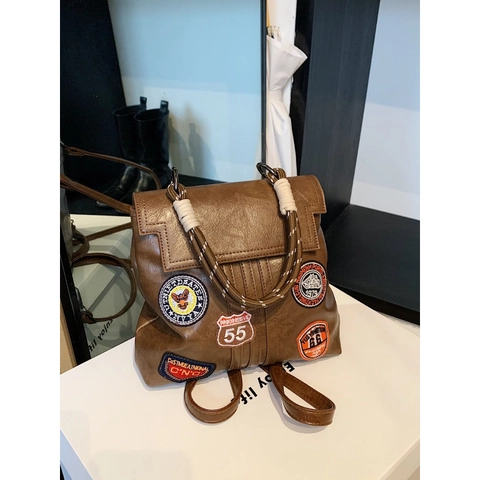 Vintage PU Leer Preppy Stijl Rugzak Voor Vrouwen American Street Borduurwerk Badge Patch Grote Capaciteit Schoudertas Casual Commuter Handtas
