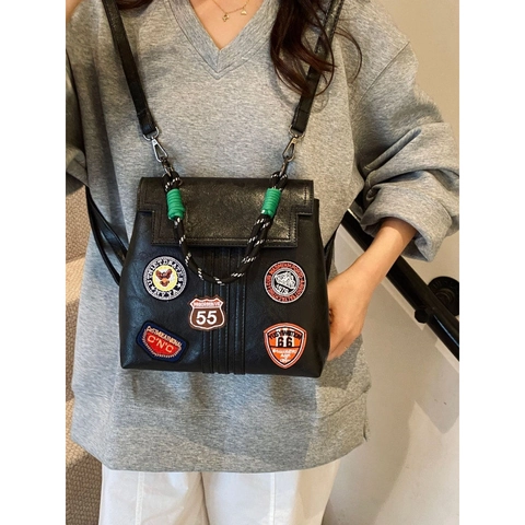 Vintage PU Leer Preppy Stijl Rugzak Voor Vrouwen American Street Borduurwerk Badge Patch Grote Capaciteit Schoudertas Casual Commuter Handtas