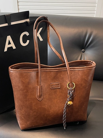 Bolso Tote Grande de Cuero PU Retro para Mujer Urbano Simple de Hombro de Axila Alta Capacidad Moda Viaje Diario con Campana