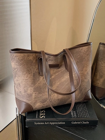 Bolso Tote de Gran Capacidad para Mujer Vintage Textura de Mármol en Cuero PU Bolso de Hombro Retro Costuras en Contraste Diario