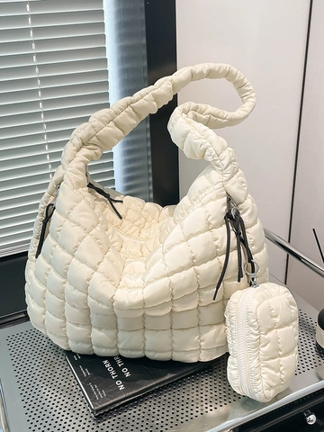 Women Quilted Cloud Shoulder Bag Large Capacity Puffy Polyester Crossbody Bag With Mini Pouch Urban Minimalist Hobo Bag