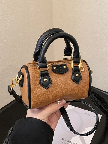Fashion Mini Boston Pillow Bag For Women Trendy PU Leather Handbag Casual Contrast Color Crossbody Bag Retro Shoulder Bag