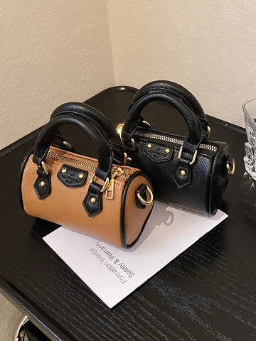 Fashion Mini Boston Pillow Bag For Women Trendy PU Leather Handbag Casual Contrast Color Crossbody Bag Retro Shoulder Bag