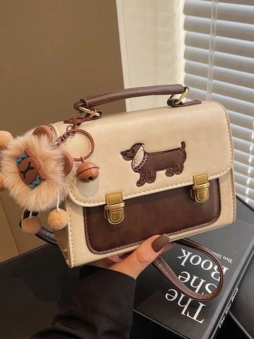 Petit Sac Carré en Cuir PU pour Femmes Vintage Avec Broderie de Teckel Sac à Bandoulière Color Block pour Usage Quotidien